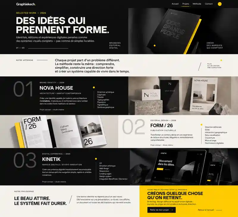 Direction artistique de la page Projets Graphiekech, portfolio créatif en branding, éditorial et digital